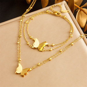 Stainless Steel Butterfly Double Layer Beaded Necklace And <b>Bracelet</b> <b>Set</b> For Women Gift Fashion Jewelry - Product Image 1
