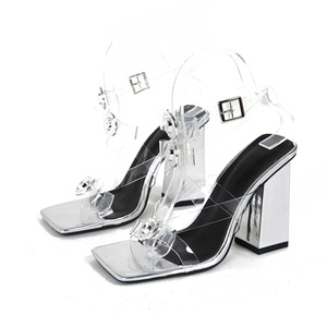 Catwalk High Heel Shoes 2024 New Thick High Heel Transparent Bow Decorative High Heel square Toe Sandals - Product Image 5