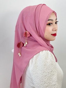 Bufandas de moda de estilo Hada para mujeres del sudeste asiático Malasia 3D flor perla borla gasa Hijab mujeres musulmanas Hijabs - Product Image 3