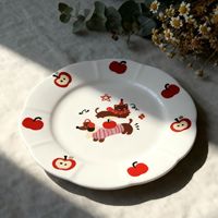 Assiettes en céramique pour enfants, motif pomme et animaux de dessin animé, pour dîner, salade, collation, idéales pour la maison et les fêtes, compatibles lave-vaisselle et micro-ondes, CS020