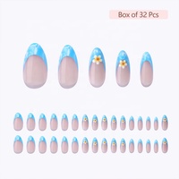 Ongles de luxe en gros à presser, marque privée, bleu marine, motif floral estival, style français, faux ongles 3D à presser, directement de l'usine