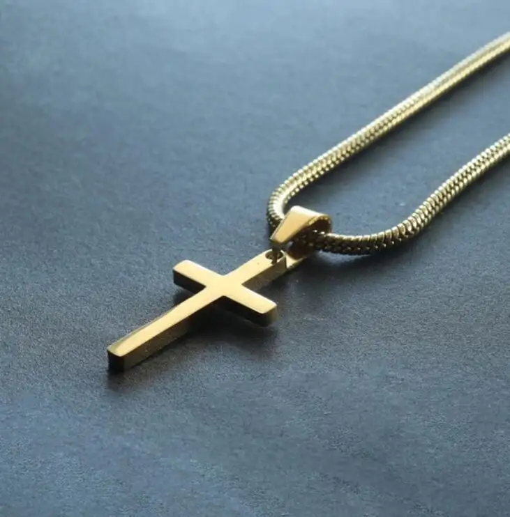 Inspire Perhiasan Pria Kalung Salib Baja Nirkarat Pelat Emas Salib dengan Rantai Ular Bulat Kalung Perhiasan Religius Kustom