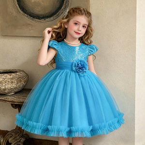 Girls' <b>Sequined</b> Tulle Princess Dress Lake Blue O-Neck Short Sleeve Flower Girl Party Dress 930 - Product Image 1