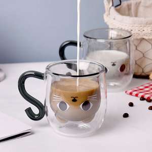 แก้วกาแฟสองชั้นลายแมวน่ารักพร้อมหูจับ สำหรับนม เบียร์ ชา น้ำผลไม้ เครื่องดื่ม น้ำเปล่า แก้วน้ำใช้ในบ้าน สำนักงาน ของขวัญ - Product Image 2