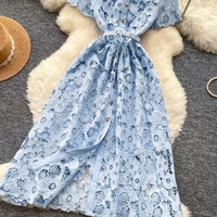 Robe élégante en dentelle ajourée pour femme, coupe trapèze, manches courtes, col chemise, ceinture, robe midi décontractée pour tous les jours, les fêtes et les vacances
