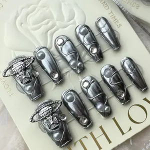 Wholesale Silver Mirror Pearl Long Sexy Women 3d Handmade Reusable Press On Full Cover Y2k Wholesale Acrylic Grey Coffin Nails