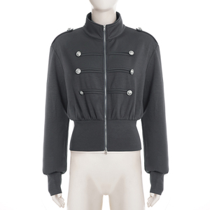 Veste zippée rétro à col Napoléon pour femme, double boutonnage, taille cintrée, style streetwear décontracté, sweat à capuche - Product Image 6