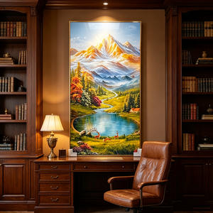Cuadro de porcelana de cristal LED personalizado al por mayor con diseño de ciervo en valle alpino, arte de pared vertical con paisaje forestal y río al amanecer, para colgar en la pared. - Product Image 4