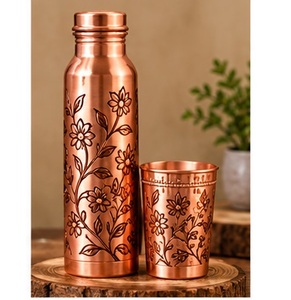 Handcrafted Copper <b>Water</b> <b>Bottle</b> with Cup Set Floral Engraved <b>Metal</b> Drinkware Bohemian Style - Product Image 3