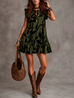 Robe pour femmes grandes tailles, style bohème, imprimé floral vert et noir, jupe courte à volants, manches courtes, tenue de vacances tendance