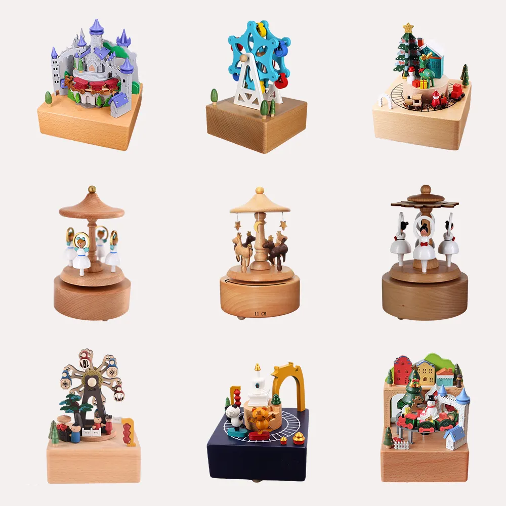 Factory Design Merry-go-round Clockwork Rotating Wood Crafts Ornaments Carousel Christmas Decorations Moving Wooden Music Box