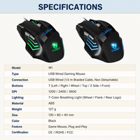 Mouse Gaming USB Berkabel 7 Tombol 3600 DPI 7 Warna Lampu Berpendar Hitam Desain Klasik untuk PC Laptop OEM ODM CE ROHS FCC