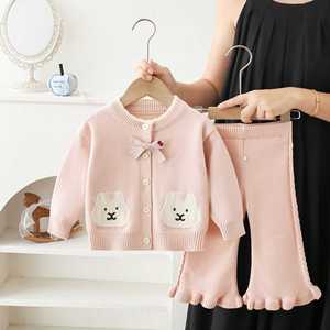 Set Cardigan e Pantaloni in Maglia Rosa con Fiocco a Coniglio per Bambini, Maglione Primaverile 2 Pezzi, Abbigliamento Casual Caldo - Product Image 2