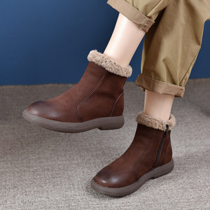 2023 automne hiver femmes bottes courtes décontractées couche supérieure peau de vache haut doublure en peau d'agneau velours polyvalent mi-Tube botte courte - Product Image 5