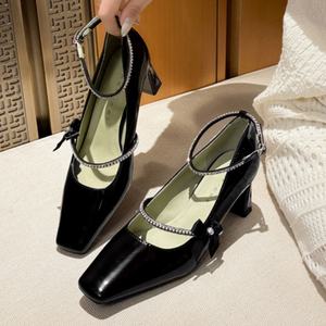 Zapatos Mary Jane Estilo Francés con Tira de Diamantes en Forma de Gota de Agua, Tacón de Aguja, Punta con Lazo, Sandalias de Tacón de Verano en Cuero Genuino - Product Image 3