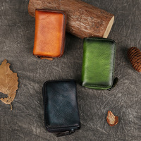 Porte-cartes de visite rétro en cuir véritable avec fermeture éclair, mini portefeuille multi-fentes en cuir de vachette pleine fleur, surface souple
