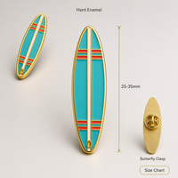 Broche émail souple 2D en forme de planche de surf, bijoux rétro sur le thème du surf et de la plage, plaqué or, badges métalliques en gros, épingles émail personnalisées OEM