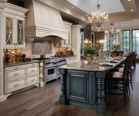 Ensemble d'armoires de cuisine blanches en bois massif, sur mesure, de luxe, classiques, sculptées, écologiques, avec évier, robinet et charnières, pour îlot de cuisine gris en appartement