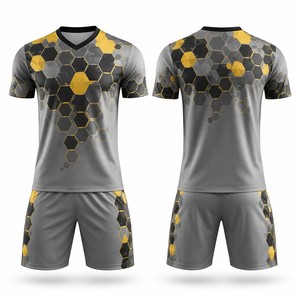 Ensemble de maillots de football en acier à motif hexagonal, argent, noir, jaune, kits de football personnalisés, uniforme d'équipe entièrement sublimé, vente en gros - Product Image 1