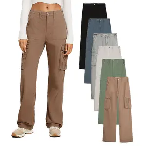 Pantalones de pierna recta Cargo con múltiples bolsillos Vintage deportivos personalizados de alta calidad, pantalones Cargo transpirables informales holgados de algodón 100% para mujer