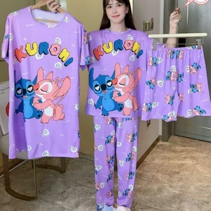 Conjunto de Pijamas Femininos de 4 Peças para o Verão com Camiseta de Manga Curta e Calças com Estampa de Desenhos Animados - Product Image 6
