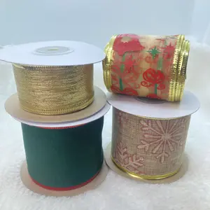 New product custom printed Christmas wired ribbon 63mm Christmas tree wired edge jute burlap ribbon supplier