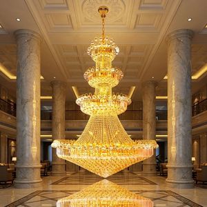 Lustre en cristal doré de luxe, grand luminaire de plafond à plusieurs niveaux avec cristaux carrés K9 pour hôtel, villa - Product Image 5