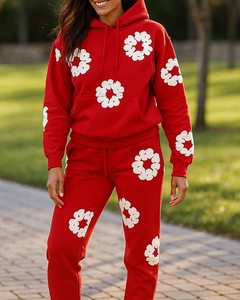 Completo Due Pezzi Donna <span class=keywords><strong>Primavera</strong></span>-Autunno 2025, Felpa con Cappuccio <span class=keywords><strong>e</strong></span> Pantaloni Casual con Stampa Floreale - Product Image 6