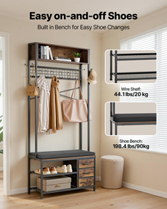 Modern Rustic Brown & Black Wooden 4-in-1 Coat <b>Shoe</b> Rack Hall Tree Factory Wholesale for Front Door Entrance Coat Stands - Product Image 4