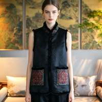 Gilet tendance pour femme, style national, avec fourrure de vison brodée et brocart de soie, doublure en coton, noir, nouveau style chinois 5480