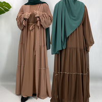 Offre Spéciale : Ensemble Abaya 2 Pièces (Abaya Ouverte Perles Blanches + Robe Longue Unie à Manches Longues) pour Femmes Musulmanes 1964+6597