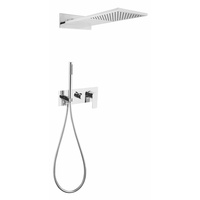 Système de douche contemporain en laiton avec pommeau pluie, bras flexible courbé, jet doux, mitigeur monocommande et douchette à main avec cartouche céramique