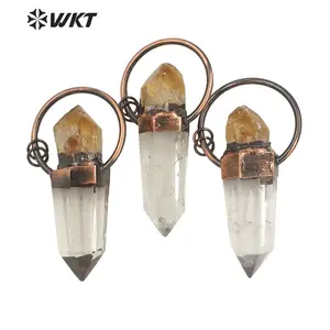 WT-P1681 WKT Women Natural crystal quartz point with yellow citrine combined pendant boho Antique copper crystal pendant