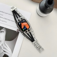 BEEFLYPOWER Hochwertige Herz-Perlen-Kette Edelstahl-Leder Damen-Uhrenarmbänder für Apple Watch Ultra 11 10 9 8 7 6 5
