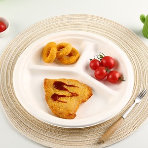 Plato de papel de pulpa de bagazo biodegradable <span class=keywords><strong>Ecopack</strong></span> 3 Compartimentos Bagazo Caña de azúcar Placa redonda 10 pulgadas bagazo tres compartimientos - Product Image 4
