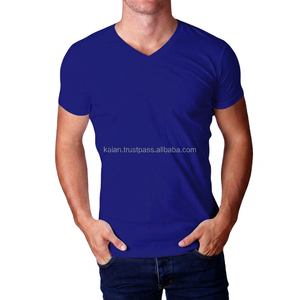 T-shirt à col en V personnalisé pour hommes, options de taille plus, logo en jersey blanc respirant en mélange de coton et polyester doux sur le devant - Product Image 5