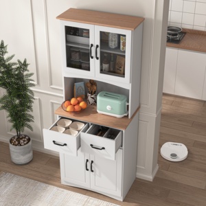 Storage Living Room Wooden Storage <strong>Cabinet</strong> with Drawers and Glass Display White <strong>Cabinet</strong> Kitchen Food <strong>Pantry</strong> <strong>Cabinet</strong> - Product Image 6