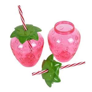 China supplier colorful cute strawberry shape plastic drinking water cup with straw