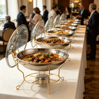 Ensemble de réchauds ronds de luxe FLEY en acier inoxydable avec couvercle en verre pour service de buffet et traiteur
