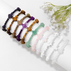 Vente flash Bracelet en pierres semi-précieuses Œil de tigre Quartz rose Perles de pierres naturelles Charmes en forme de croix Bracelet élastique pour la guérison - Product Image 2