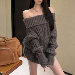 Herbst Winter Damen Pullover Schulterfrei Zopfmuster Locker Sitzender Rollkragenpullover Langarm Gerippt Gemütlich Warm Lässiger Stil Strickwaren - Product Image 3