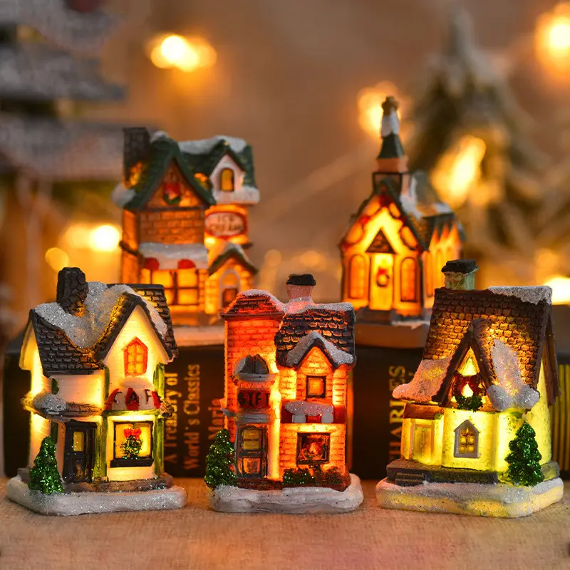 X mas Weihnachten New Luminous Resin Weihnachts haus Ornamente Micro Landscape Decoration Weihnachten beleuchtetes Haus Großhandel
