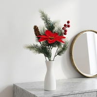 Rangkaian Bunga Poinsettia Buatan Tangan, Buah Berry Merah, Ranting Pinus, Vas Pohon, Dekorasi Liburan Natal