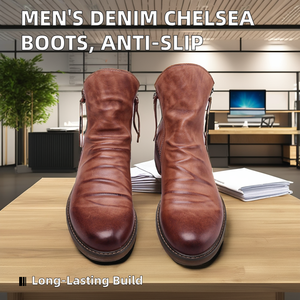 Men's Autumn Ankle Boots Anti-Slippery Dress Shoes &amp; Oxfords Denim Flat <strong>PU</strong> <strong>Leather</strong> with Button Closure - Product Image 2