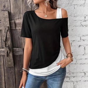 Chic Color Blocking manga corta Mujer Color sólido fuera del hombro camiseta asimétrica mujer verano Casual Tops - Product Image 1