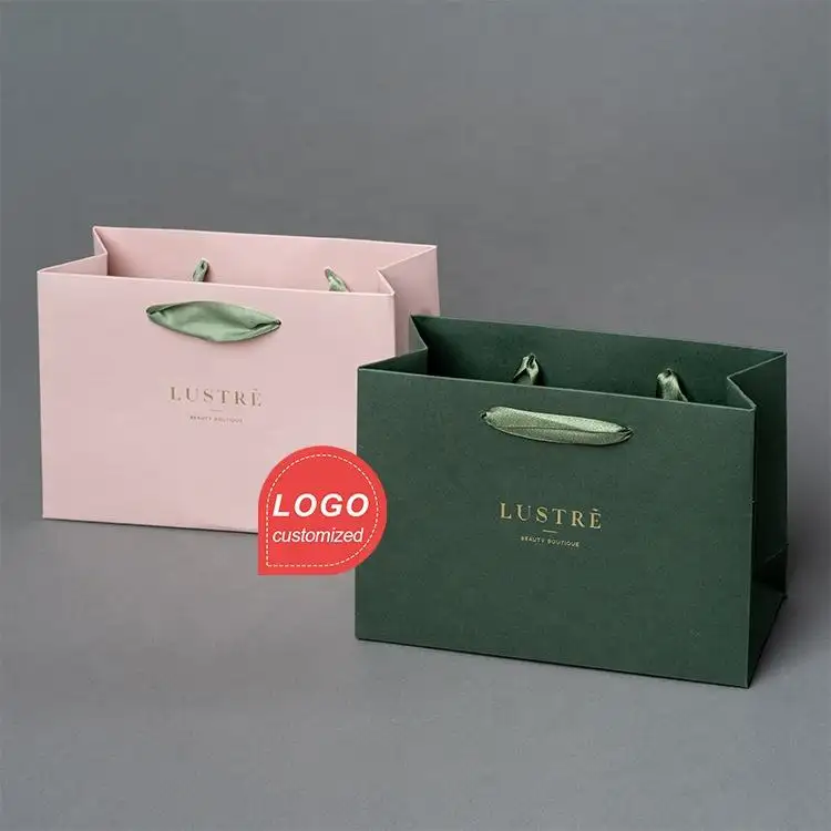 Bolsa de papel de compras ecológica, bolsas de regalo de lujo con cinta, color verde y rosa