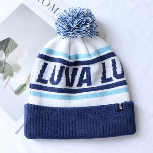 Winter Outdoor Sport <span class=keywords><strong>Ski</strong></span> Snow Jacquard Letter logo Acrylique Custom Knitted Ribbed Cuff Bobble Pom Pom Beanie Hats - Product Image 1