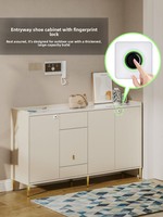 Meuble à chaussures de luxe blanc crème en contreplaqué, 2 portes, plateau en pierre frittée, serrure intelligente à empreinte digitale, tabouret pliant, pieds hauts, entrée