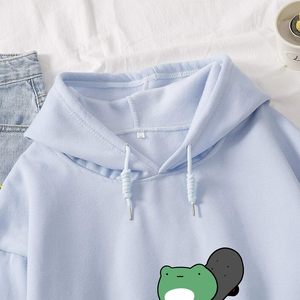 เสื้อฮู้ดลายกบสเก็ตบอร์ดน่ารักสำหรับผู้หญิง แขนยาว ผ้าฝ้าย สีฟ้า M เสื้อสเวตเชิ้ตลำลอง - Product Image 4