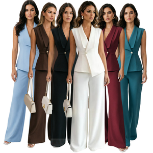 Y9661 Costumes tendance d'été pour femmes, vêtements de bureau, blazer sans manches et pantalon large, ensemble élégant de blazer, 2 pièces, tenues pour femmes - Product Image 1